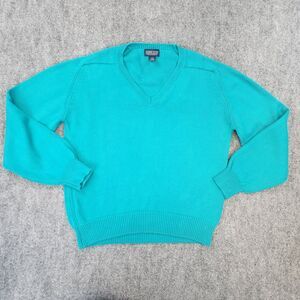 Vintage Lands Ends Sweater Mens Medium Green Drifter Sweater Knit V Neck USA
